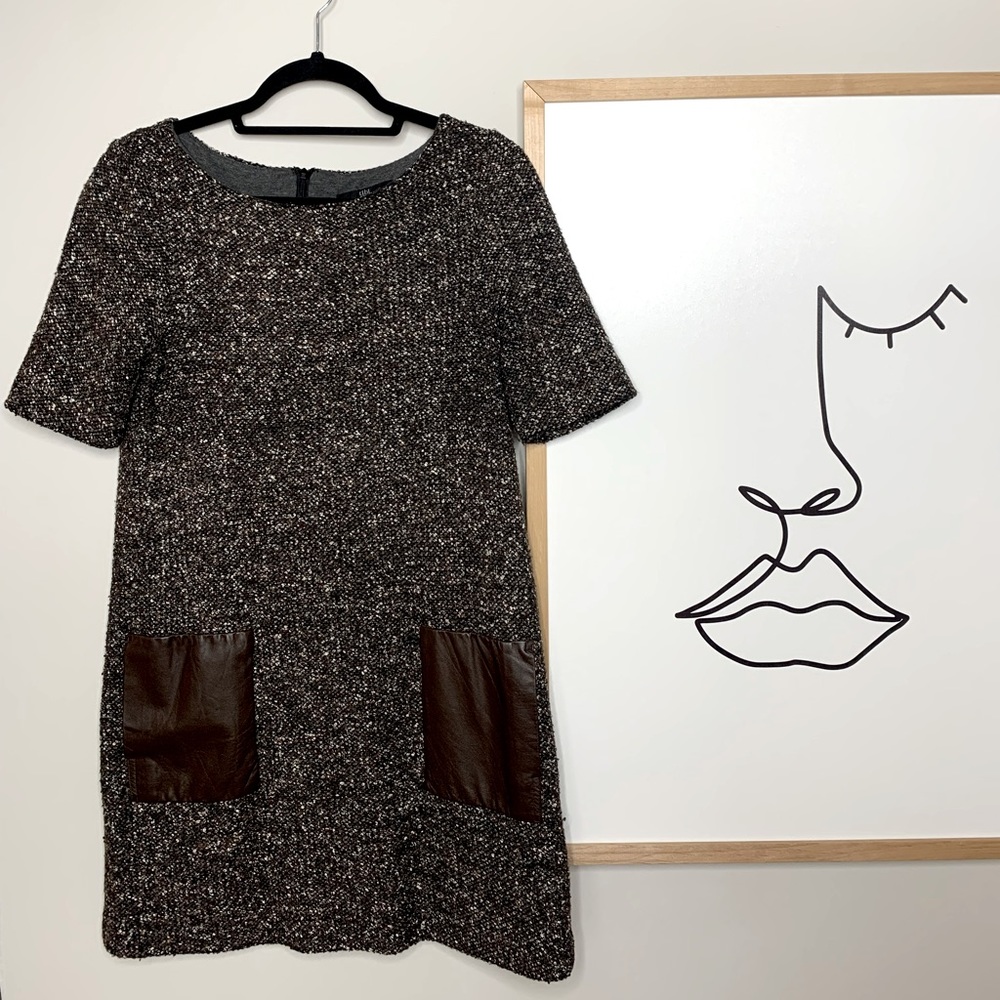 Tibi Tweed Soft Virgin Wool + Leather Pockets Shift Dress - Small - Picture 2 of 8